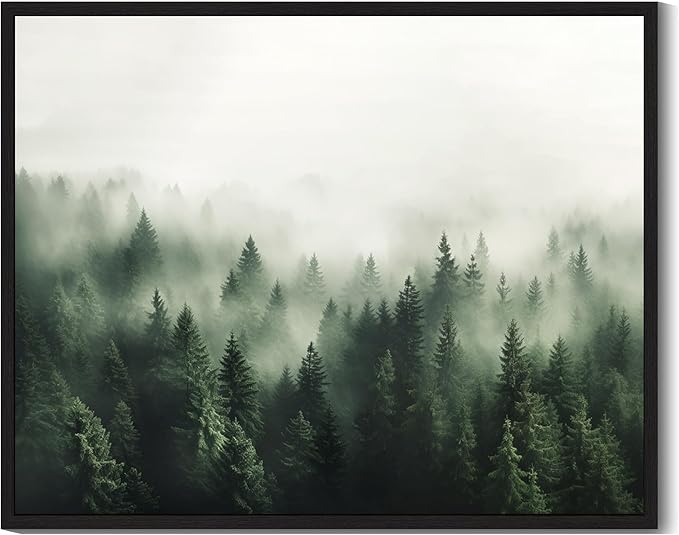 SHENIFY Green Fog Pine Tree Forest Vintage Framed Wall Art Modern Landscape Scenery Farmhouse Artwork Prints Decor for Kitchen Living Room Bedroom Bathroom - 8x10in Black Framed