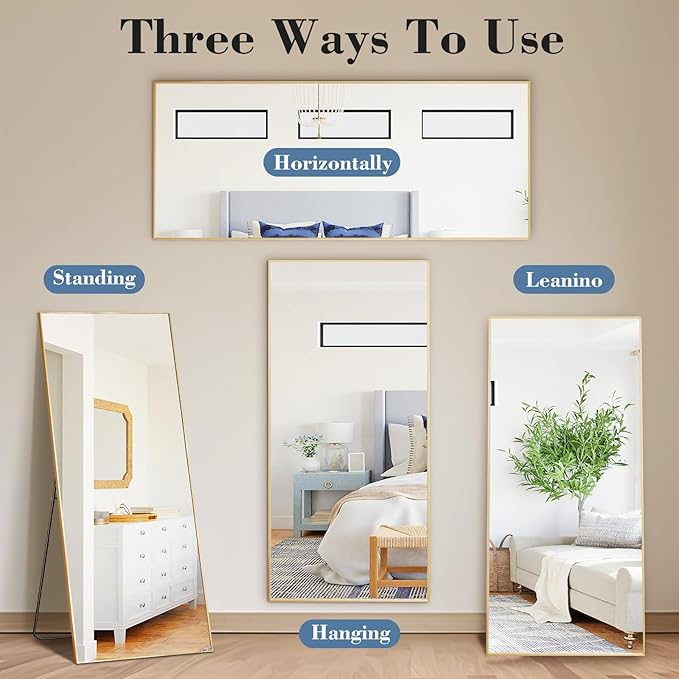 DUMOS Full Length Mirror with Stand, 56"x21" Floor Mirror with Aluminum Alloy Frame for Bedroom, Standing Full Body Mirror with Shatter-proorf Nano Glass for Wall, Living Room, Cloakroom, Gold