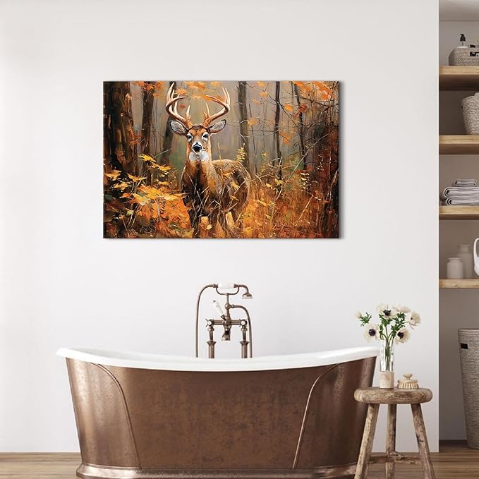 Deer Wall Art Fall Forest Wall Decor Nature Autumn Landscape Picture Rustic Wildlife Animal Canvas Prints Farmhouse Elk Painting Maple Leaves Artwork for Bedroom Living Room Home Decoration 24x36"