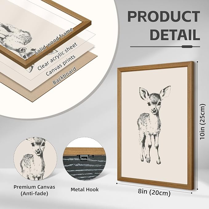 Nursery Wall Art Woodland Animal Canvas Wall Decor Baby Room Pictures Forest Animal Prints Kids Wall Art Pine Tree Poster Nature Vintage Artwork Deer Fox Painting for Bedroom 8x10x7 Inch Framed