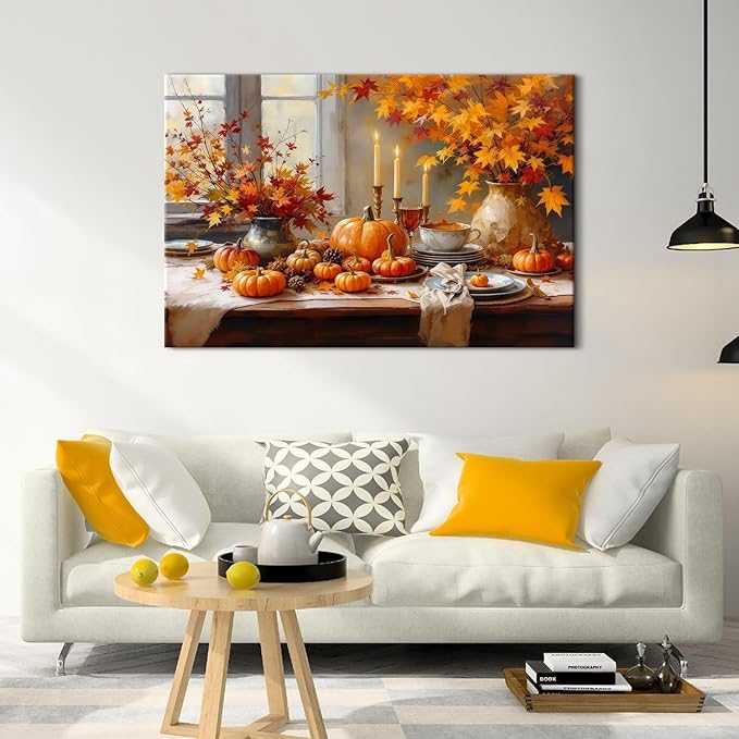 Rustic Pumpkin Wall Art Fall Themed Maple Leaves Wall Decor Farmhouse Autumn Painting Vintage Farm Fall Harvest Canvas Prints Still Life Pictures Artwork for Kitchen Dining Room Home Decoration 32x48"