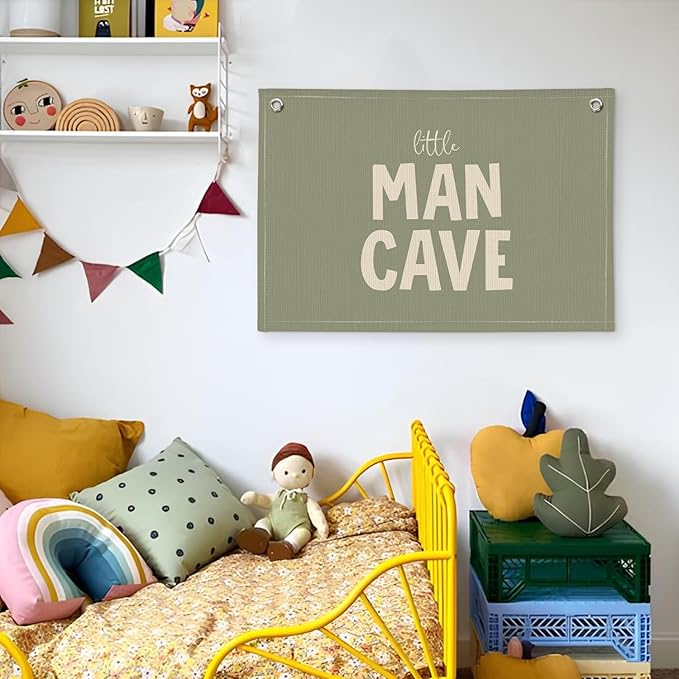 Little Man Cave Banner, Boys Room Decor, Sage Green Linen Canvas Banner Wall Hanging Flag Decor for Toddler Boy Nursery Playroom
