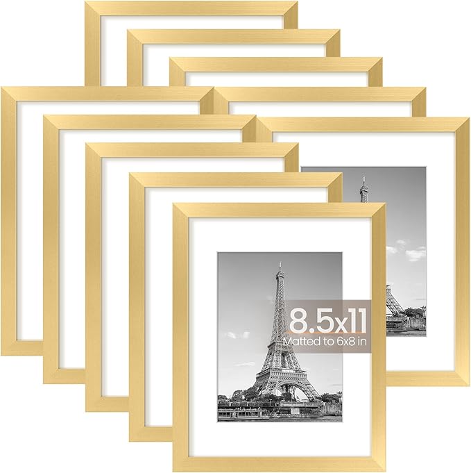 upsimples 8.5x11 Picture Frame Set of 10, Display Pictures 6x8 with Mat or 8.5x11 Without, Multi Photo Frames Collage for Wall or Tabletop Display, Gold