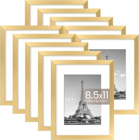 upsimples 8.5x11 Picture Frame Set of 10, Display Pictures 6x8 with Mat or 8.5x11 Without, Multi Photo Frames Collage for Wall or Tabletop Display, Gold