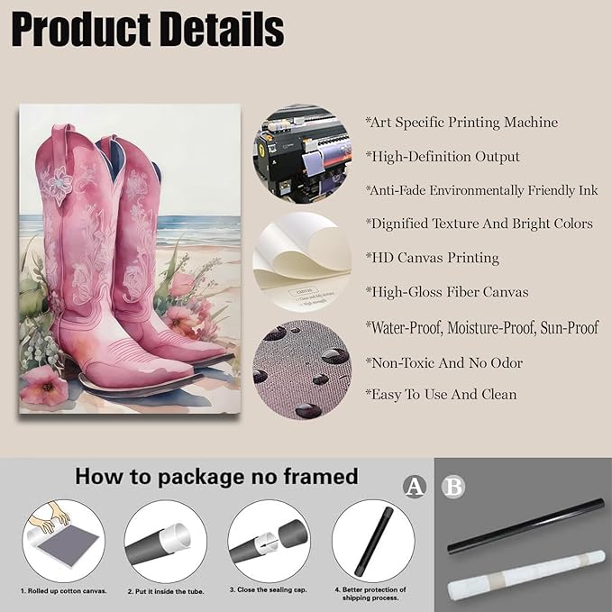 Djmwtb Coastal Cowgirl Canvas Wall Art Western Girl Room Decor Set of 3 Pink Flower Boots Hat Horse Pictures Trendy Preppy Posters Prints Watercolor Painting for Dorm Bedroom 12x16in Unframed