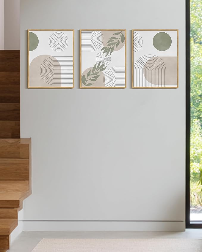 Drsoum Green Botanical Boho Wall Art Framed Modern Bohemian Sage Wall Decor Abstract Geometry Lines Prints Ready to Hang 11x14in Natural Framed