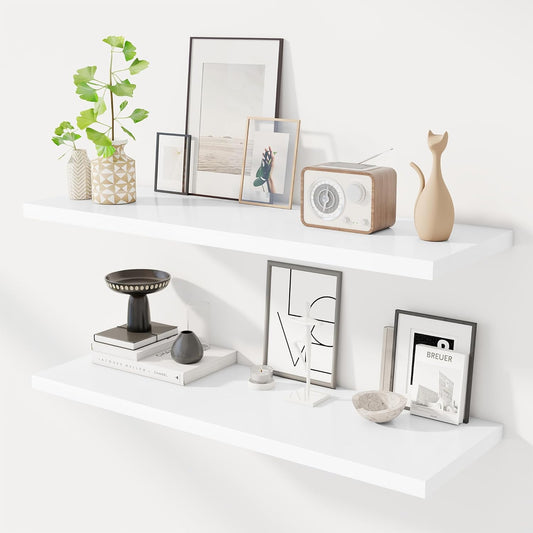 40" Floating Shelves for Wall, 12" Deep Slim White Floating Shelves, Wall-Mounted Shelves for Bedroom, Living Room, Kitchen, Bathroom - Set of 2