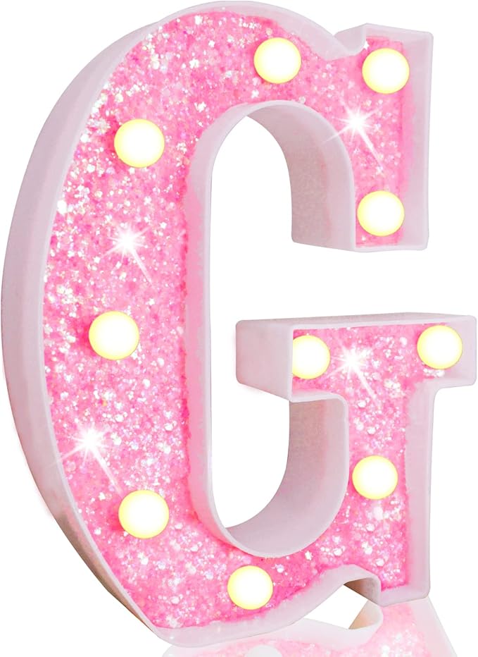 Pooqla LED Marquee Letter Lights, Light Up Pink Letters Glitter Alphabet Letter Sign Battery Powered for Night Light Birthday Party Wedding Girls Gifts Home Bar Christmas Decoration, Pink G