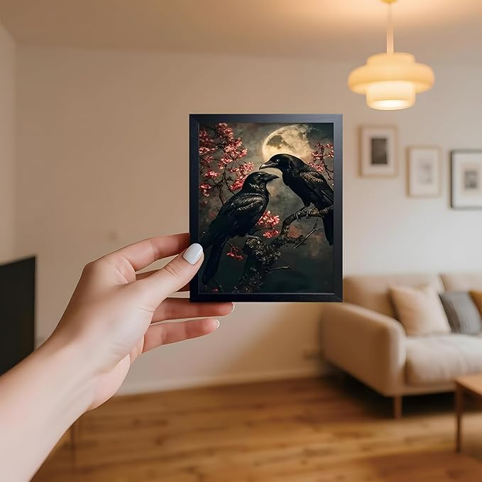 Vintage Framed Wall Art, Forest Gothic Decor, Dark Academia Celestial Moon Canvas Prints, Black Crow Cherry Blossom Painting Wall Decor for Living Room Bedroom – Black Wooden Frame 8x10 Inch