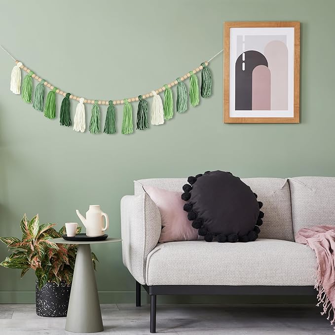Boho Yarn Tassel Garland - Handmade Wall Hanging Decor for Nursery, Baby Shower, Kids Room, Classroom, Birthday Party | Macrame Tassels Bunting Banner for Bedroom, Office, Home Decoration (Green)