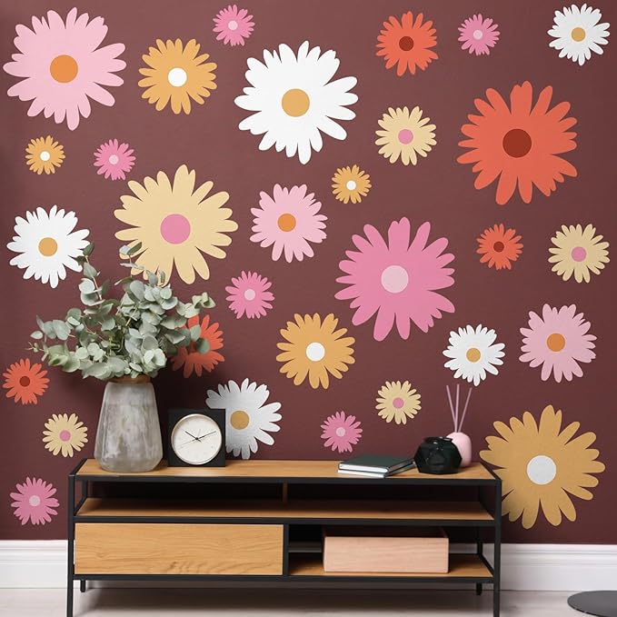 TaoBary 12 Sheet Daisy Wall Sticker Decal Removable Cute Daisy Bedroom Room Decor Flower Wall Sticker Pink White Flower Decal Wallpaper Peel and Stick for Nursery Home(Bright Color,Artsy Style)