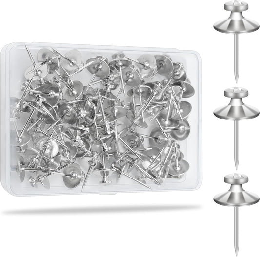 KURUI 60Pcs Double Headed Nails for Hanging Pictures, Wall Hangers Without Nails, Thumb Tacks for Wall, Renter Friendly Decor Push Pins for Tapestry Frame Art, Picture Hangers-Silver