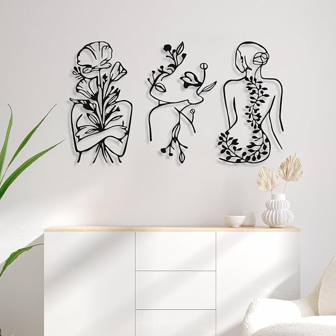 Photect 3 Pcs Metal Wall Art Decor Minimalist Abstract Woman Wall Art Metal Modern Line Drawing Decor Female Single Line Home Hanging for Bedroom Bathroom Living Room Christmas Housewarming(Plant)