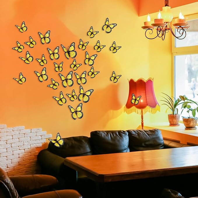 Chuangdi 48 Pcs Yellow Monarch Butterfly Decorations 3 Size Fake Butterflies Realistic Butterfly Craft Artificial Mariposas Wall Decor for Craft Wedding Home Birthday Party (3.2inch,4inch,4.7inch)