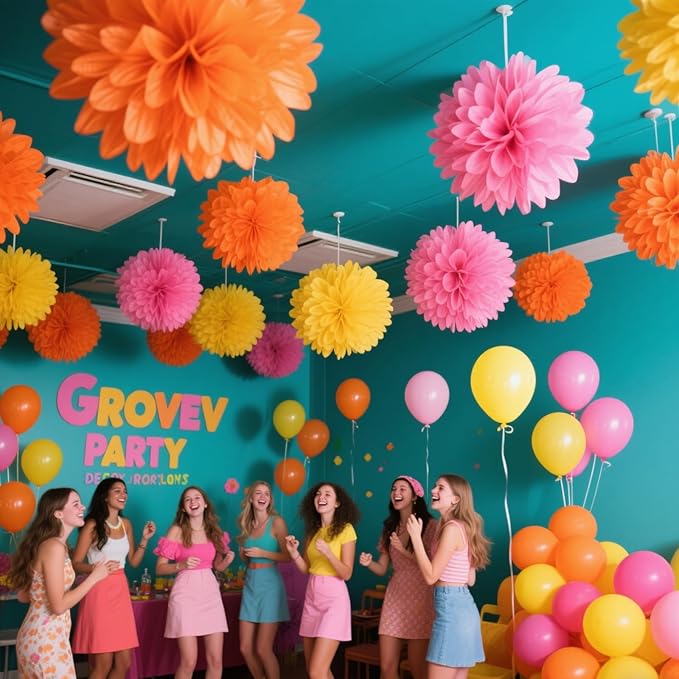 We Moment Pink Orange Yellow Paper Pom Poms for Party Decoration Boho Party Ceiling Wall Hanging Tissue Flowers Decorations 12pcs 3 Colors