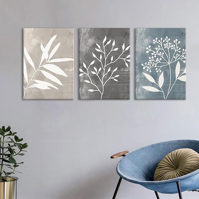 okudolit Vintage Botanical Canvas Wall Art Set of 3 Blue Grey and Beige Neutral Plant Leaf Prints Boho Minimalist Floral Art Pictures Wall Decor for Living Room Bedroom bathroom Office-12x16in