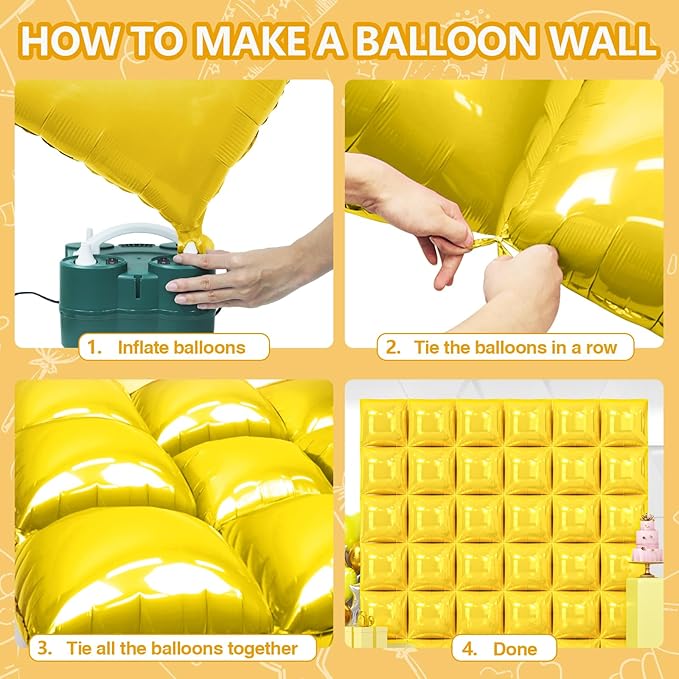 NISOCY 36PCS Pastel Yellow Square Foil Balloons Wall Backdrop Double Sided Yellow Balloons Tunnel Arch Kit for Baby Shower Birthday Wedding Sunflower Bee Theme Party Decoration