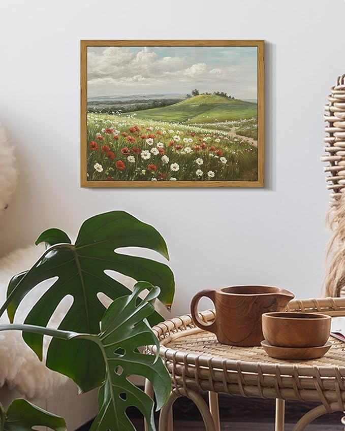SHENIFY Vintage Landscape Framed Wall Art Meadow with Flowers Scenery Farmhouse Decor Rustic Retro Grassland Floral Field Painting for Kitchen Living Room Bedroom Bathroom - 8x10in Natural Framed