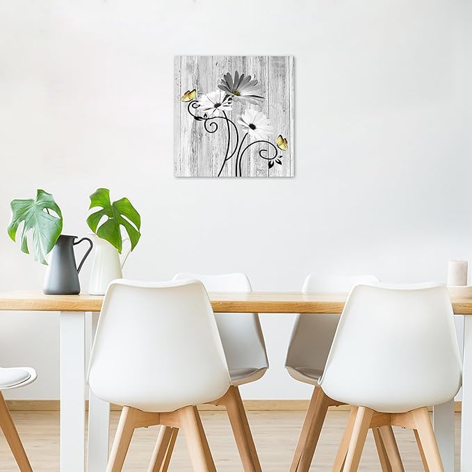 HVEST Grey Floral Wall Art for Living Room Daisy and Butterfly Bathroom Wall Decor, Rustic Farmhouse Plant Framed Wall Art for Bedroom Kitchen Home Office, 12L x 12W Inches