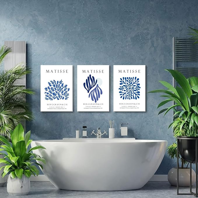 Djmwtb Navy Blue Matisse Canvas Wall Art Decor, Matisse Blue Wall Art Prints Framed Set of 3, Modern Abstract Minimalist Pictures Wall Decor Paintings Artwork for Bathroom Bedroom Living Room 16x24in