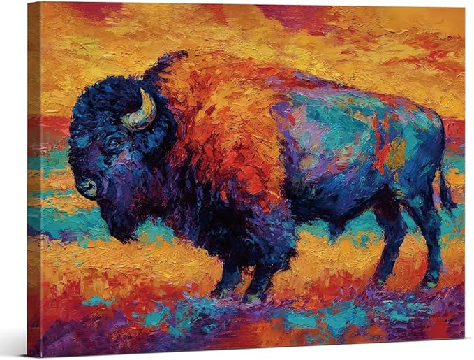 Modern Abstract Bison Wall Art Print, Vintage Vibrant Bison Painting Artwork Rustic Wall Decor for Home Farmhouse Living Room 8x10 Canvas Framed