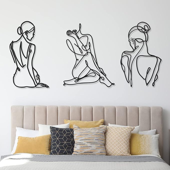 Photect 3 Pcs Metal Wall Art Decor Minimalist Abstract Woman Wall Art Metal Modern Line Drawing Decor Female Single Line Home Hanging for Bedroom Bathroom Living Room Christmas Housewarming(Retro)