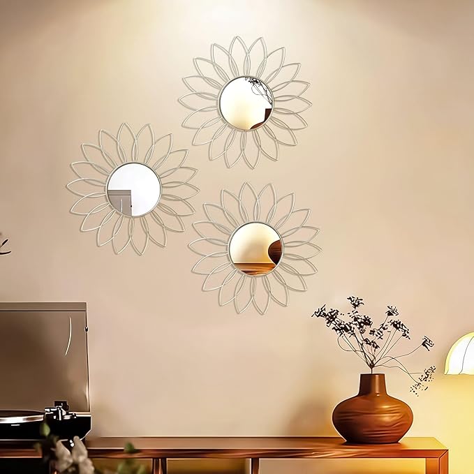 3 Pack Metal Mirrors for Wall Sunburst Wall Mirrors Home Décor Decorative Hanging Wall Art for Living Room Bedroom Entryway (Silver2, Flowers)