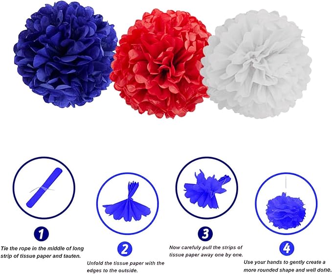 We Moment Red, Blue and White Paper Pom Poms Decorations for 4th Fourth of July，Independence Day Patriotic Decorations, Red Blue and White Ceiling Wall Hanging Tissue Flowers Decorations 12pcs