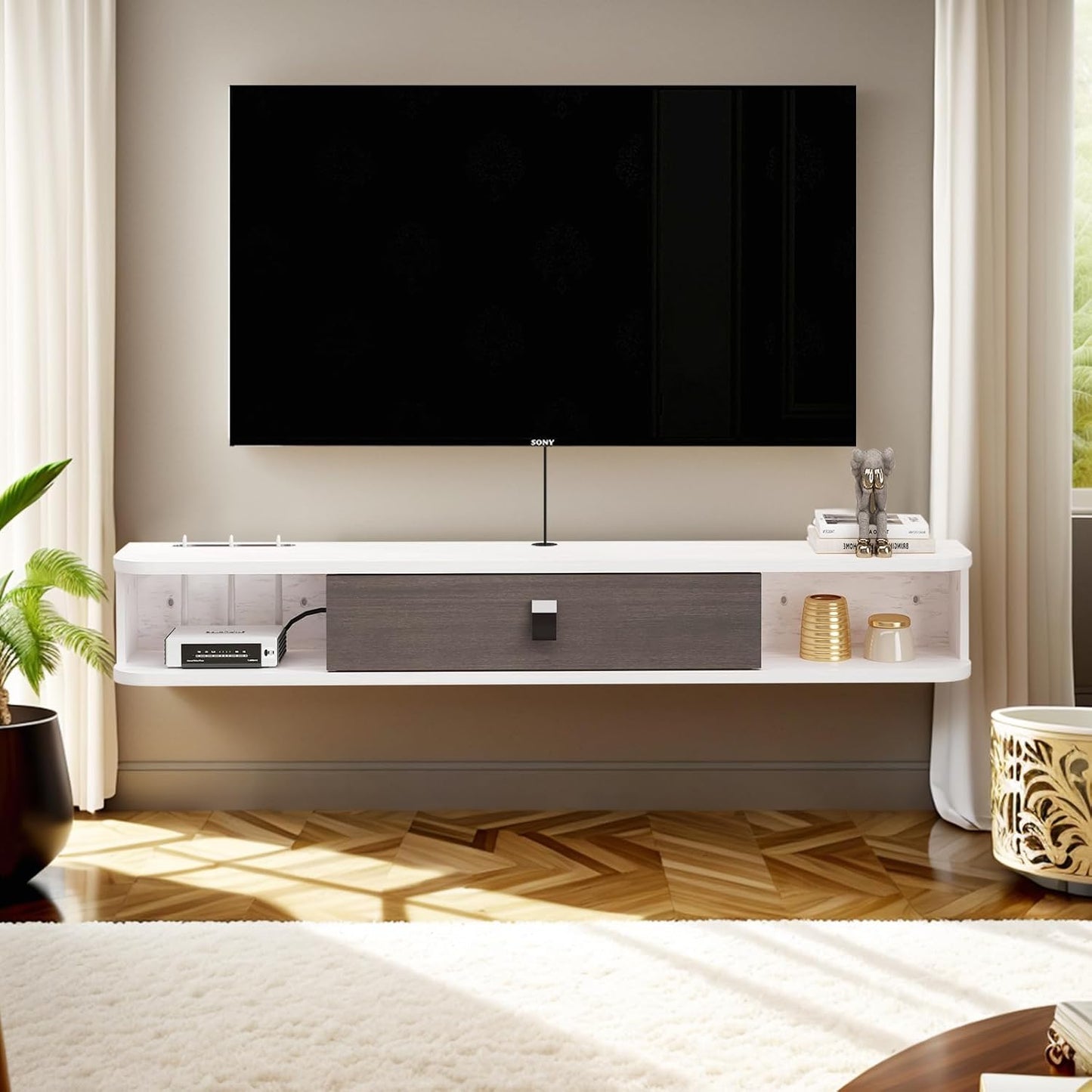 Pmnianhua Floating TV Console, 70'' Wall-Mounted Media Console TV Cabinet Floating TV Stand Entertainment Shelf with Door and Storage (Grayish-White)