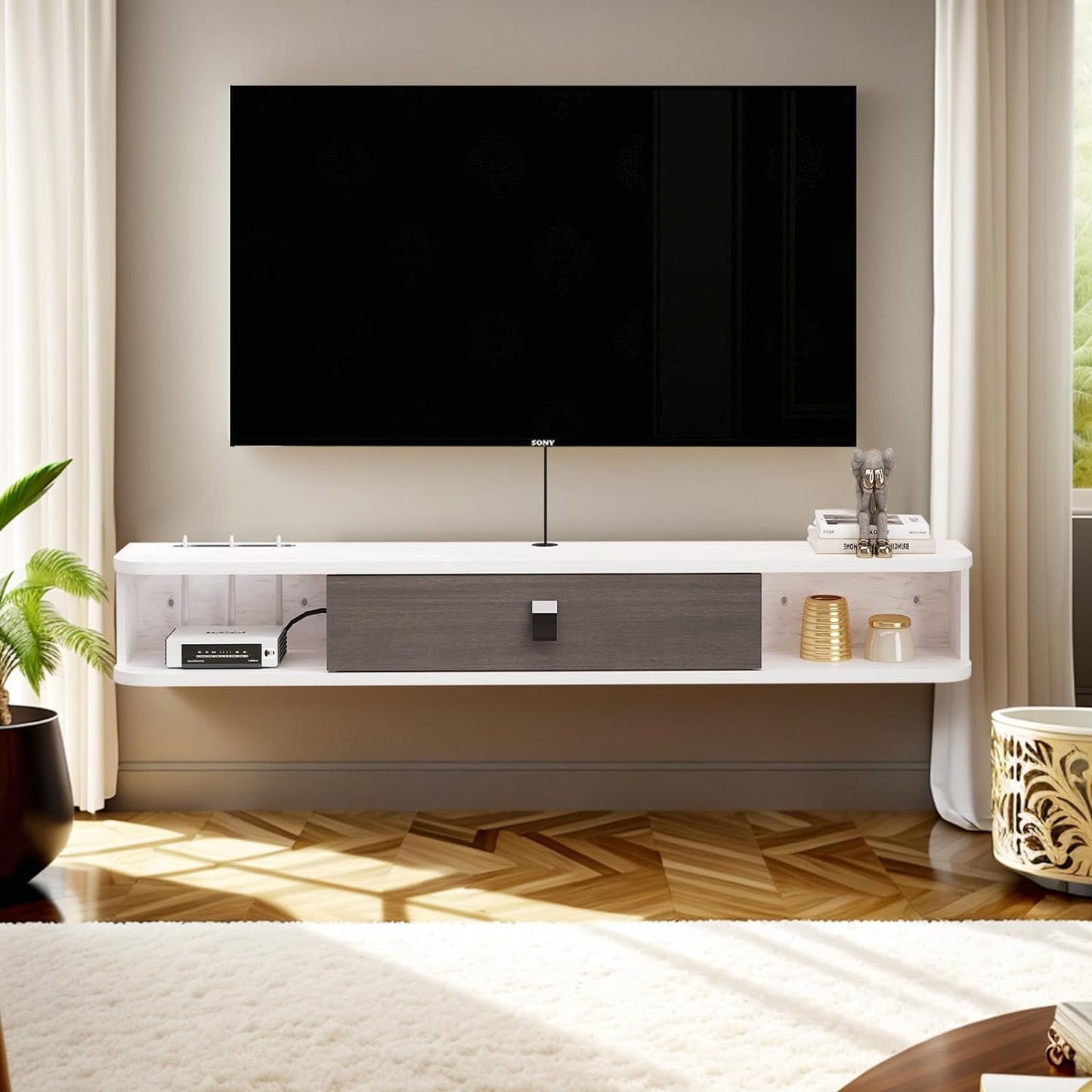 Pmnianhua Floating TV Console,78'' Wall-Mounted Media Console TV Cabinet Floating TV Stand Entertainment Shelf with Door and Storage (Grey-White)