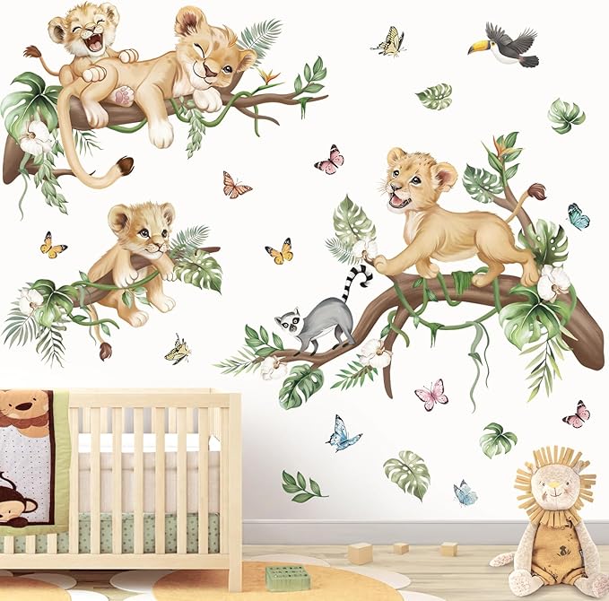 wondever Safari Animal Lions Wall Stickers Jungle Animals Tree Branch Butterfly Peel and Stick Wall Art Decals for Baby Nursery Kids Bedroom Living Room