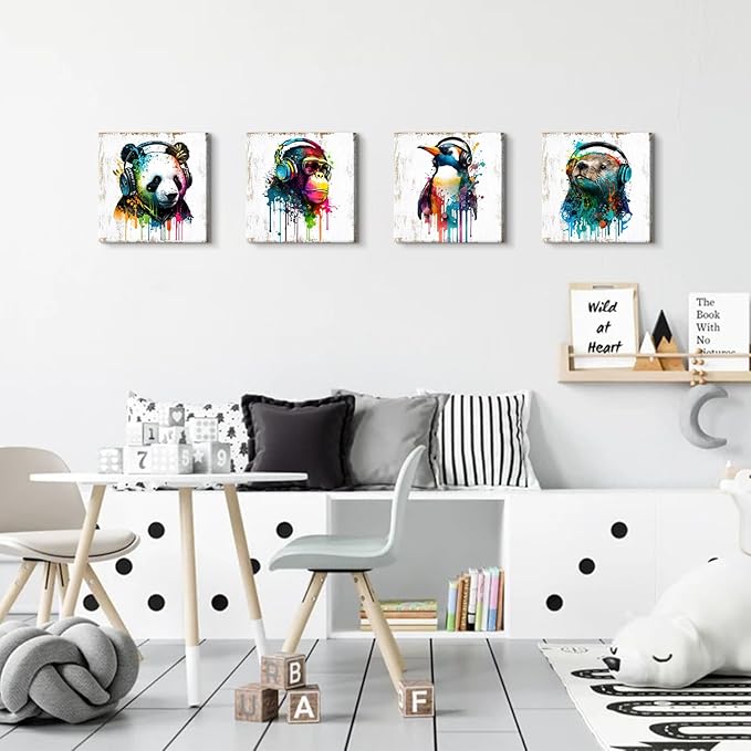 Graffiti Animal Canvas Wall Art Kids Room Watercolor Chimpanzee Panda Pictures Wall Decor Cartoon Cute Funny Penguin Bear with Headphone Painting Colorful Nursery Bedroom Home Decorations 16x16” 4 Pcs