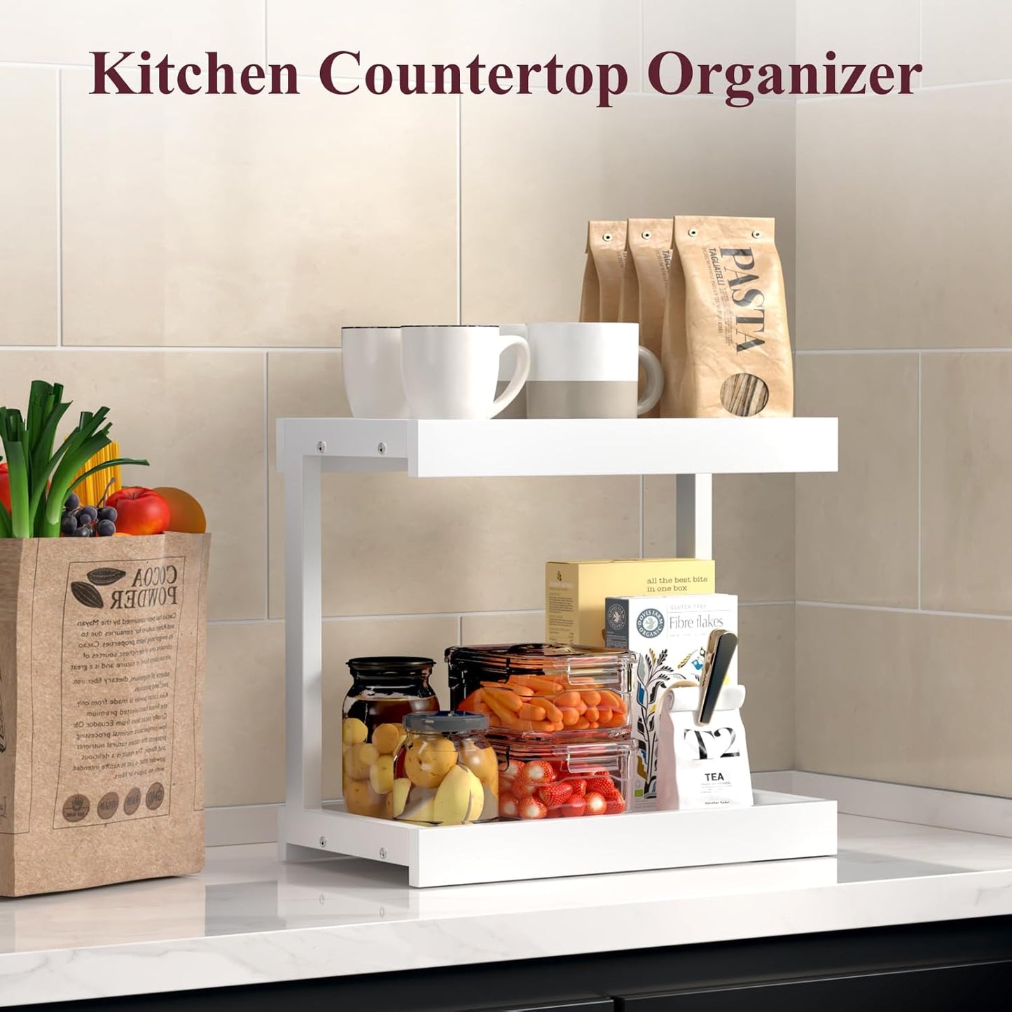 MARTY 2 Tier 15.75"x8.9" Large Countertop Shelf Organizer Spice Rack, Coffee Station Organizer for Mugs Cups, Wooden Shelf Desktop Storage Organizer for Kitchen Bathroom Home Office (White)