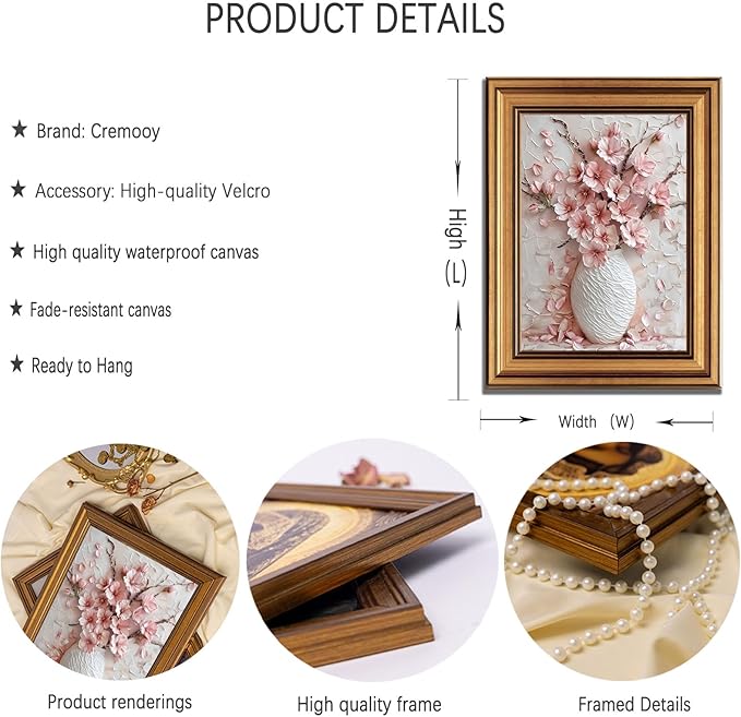 Gold Framed Pink Floral Canvas Wall Art 3D Texture Sakura Flower Botanical painting Decor Picture Cherry blossoms Poster Prints for Living Room Classroom Bedroom office corridor bathroom Decoration