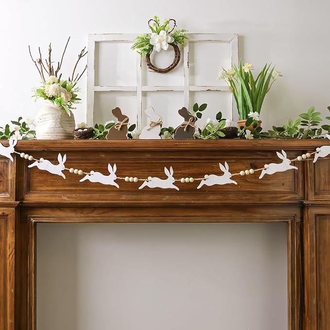 Easter Garland Decorations: Cute Bunny Easter Garland with Wood Beads, Rustic Easter Banner White Jumping Rabbit Easter Decor Indoor for Mantel Fireplace Home Office Wall Farmhouse School
