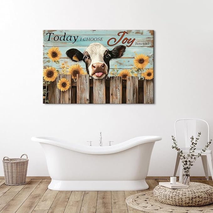 Vintage Funny Cow Canvas Wall Art for Living Room Bedroom Kitchen Decorations 32x48", Today I Choose Joy Pictures Sunflower Wall Decor Christian Bible Verse Poster Painting Farmhouse Prints Artwork