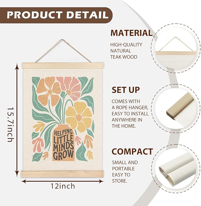 LZYRF Teacher Helping Little Minds Grow Wall Art Poster Framed, Boho Classroom Decor, Boho Abstract Floral Teacher Motivational Canvas Prints Wall Decor for Classroom School Office, 12x16 Inch