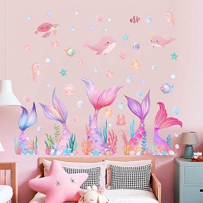 Mermaid Tail Wall Stickers for Girls: Peel and Stick Under The Sea Wall Decals for Girl Room Baby Bedroom Nursery - Ages 1-12 Years Vinyl Decor