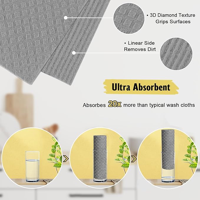 Swedish Dishcloths for Kitchen | 6 Pack Absorbent Cellulose Sponge Cloths Washable | Non-Scratch Reusable Paper Towels Quick Drying Cleaning Cloths - Grey