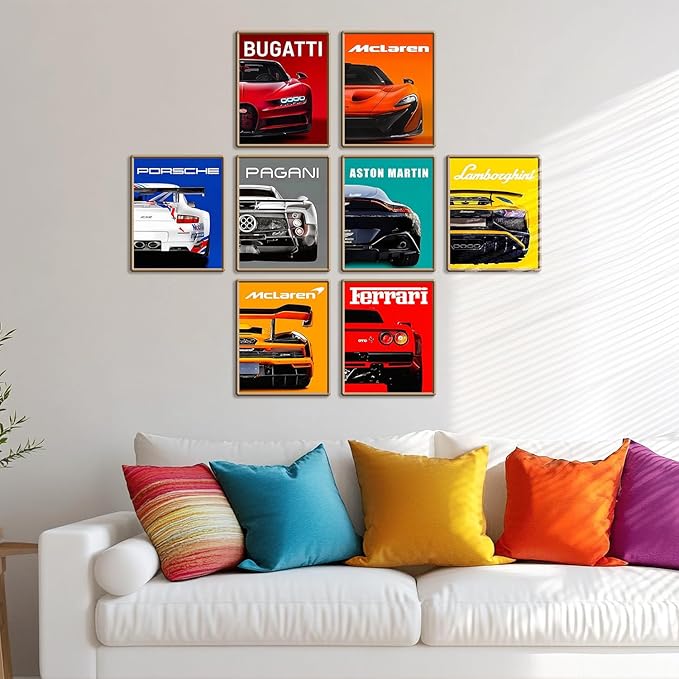 CSLGQGV Car Poster Vintage Racing Car Wall Art Supercar Canvas Prints Painting For Men Room Pictures Guys Dorm Room Aesthetics Decor Bedroom Office (Unframed,8×10inch,9pcs) Colorful car