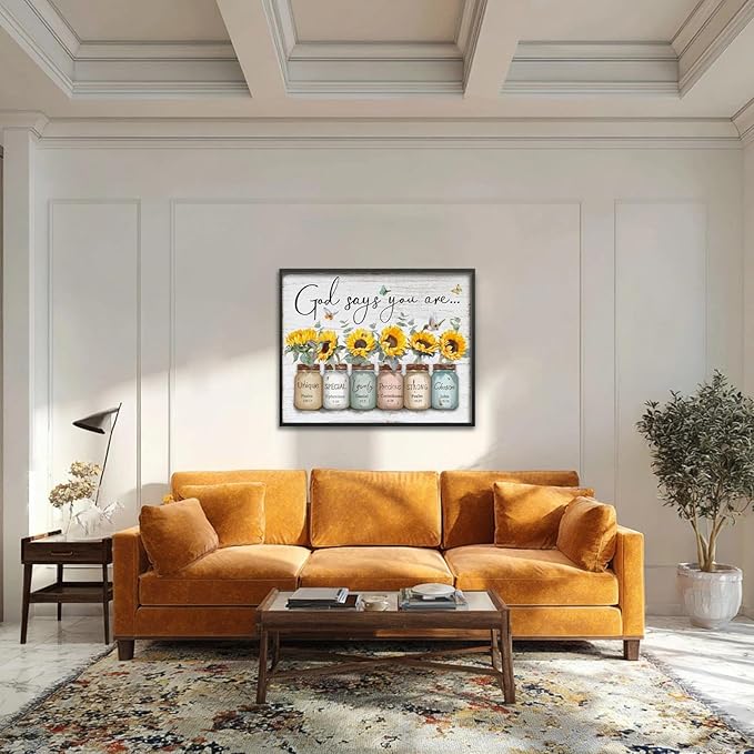Inspirational Bible Verse Wall Art: God Says You Are Wall Sayings Sunflower in Mason Jar Picture Print Christian Gift Quotes Poster for Women Girl Bedroom Decor 24" x 30"