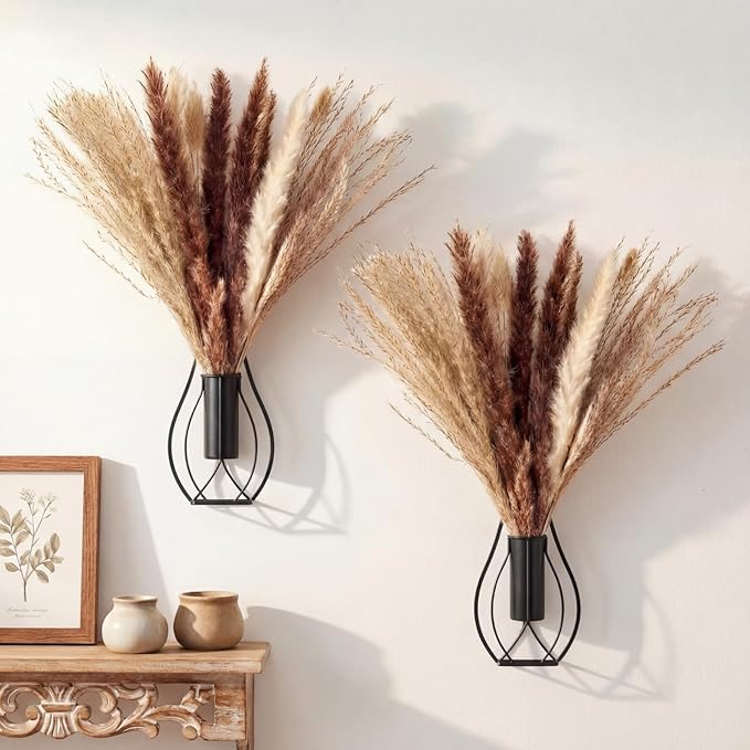 Otoolling Boho Wall Decor Set of 2 – Metal Hanging Wall Art with Faux Pampas,Minimalist Bohemian Accent for Living Room, Bedroom, Entryway(Black)