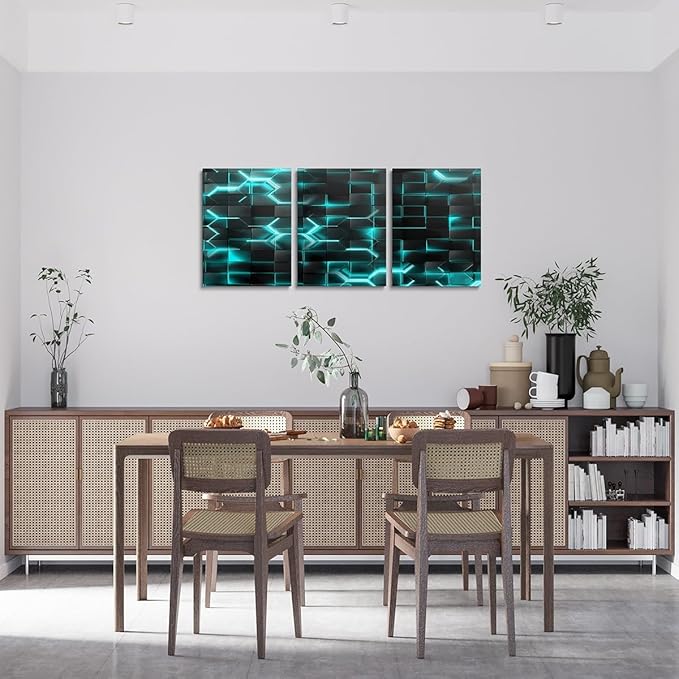 Feelyou TealBlue and Black Picture Wall Decor 12"x16" 3 Piece Honeycomb Canvas Wall Art Decor Hexagon Theme Office Decorations Artwork Posters Geometrical Beehive Painting