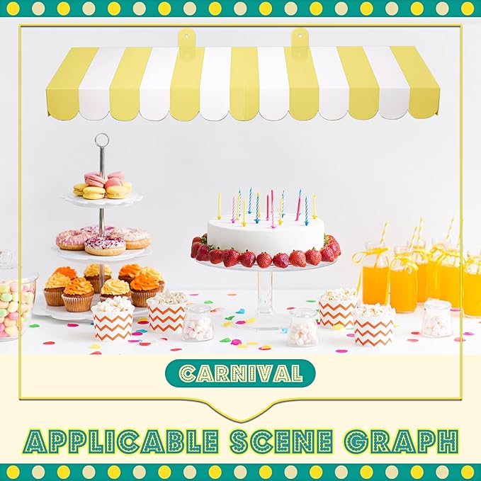 Boao 4 Pack Circus Awning Decoration 3D Stripe Cardboard Awning Carnival Wall Decor Circus Party Favors for Lemonade Stand Bakery Ice Cream Truck Bulletin Board Decor(Yellow and White)