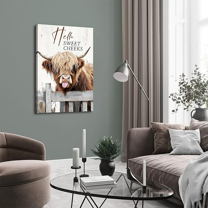 Large Funny Highland Cow Canvas Wall Art for Living Room Kitchen, Hello Sweet Cheeks Bathroom Decor Western Picture Prints Painting Rustic Farmhouse Prints Framed Artwork Home Decorations 32x48"