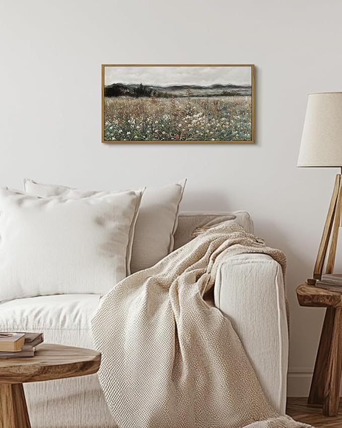 SHENIFY Vintage Landscape Framed Wall Art Meadow Flowers Farmhouse Decor Retro Classic Painting for Kitchen Bedroom Living Room Bathroom - 8x16in Natural Framed