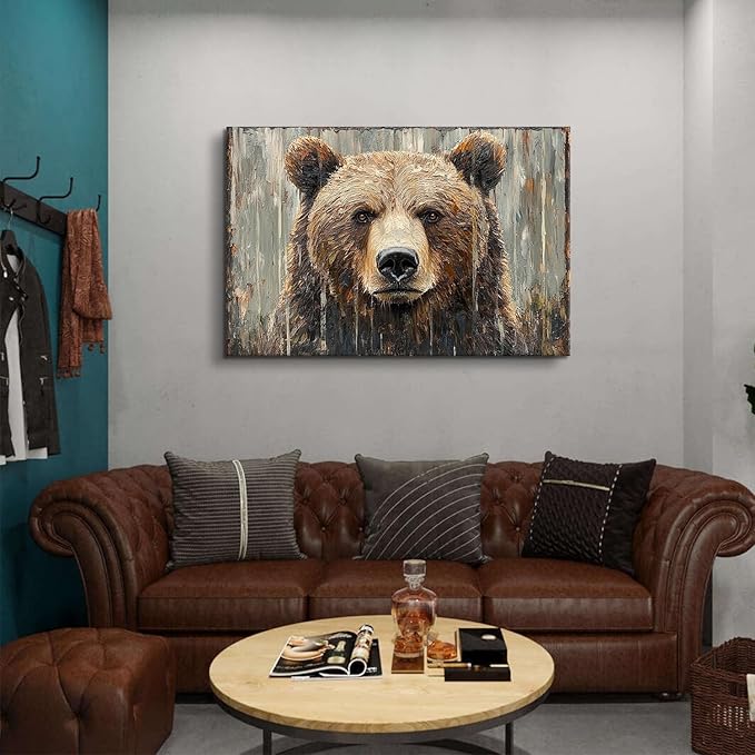 Farmhouse Wall Decor Bear Wall Art Funny Animal Painting Rustic Animal Heads Canvas Prints Nature Wildlife Portrait Pictures Modern Artwork for Kid Bedroom Living Room Home Decoration 32x48"