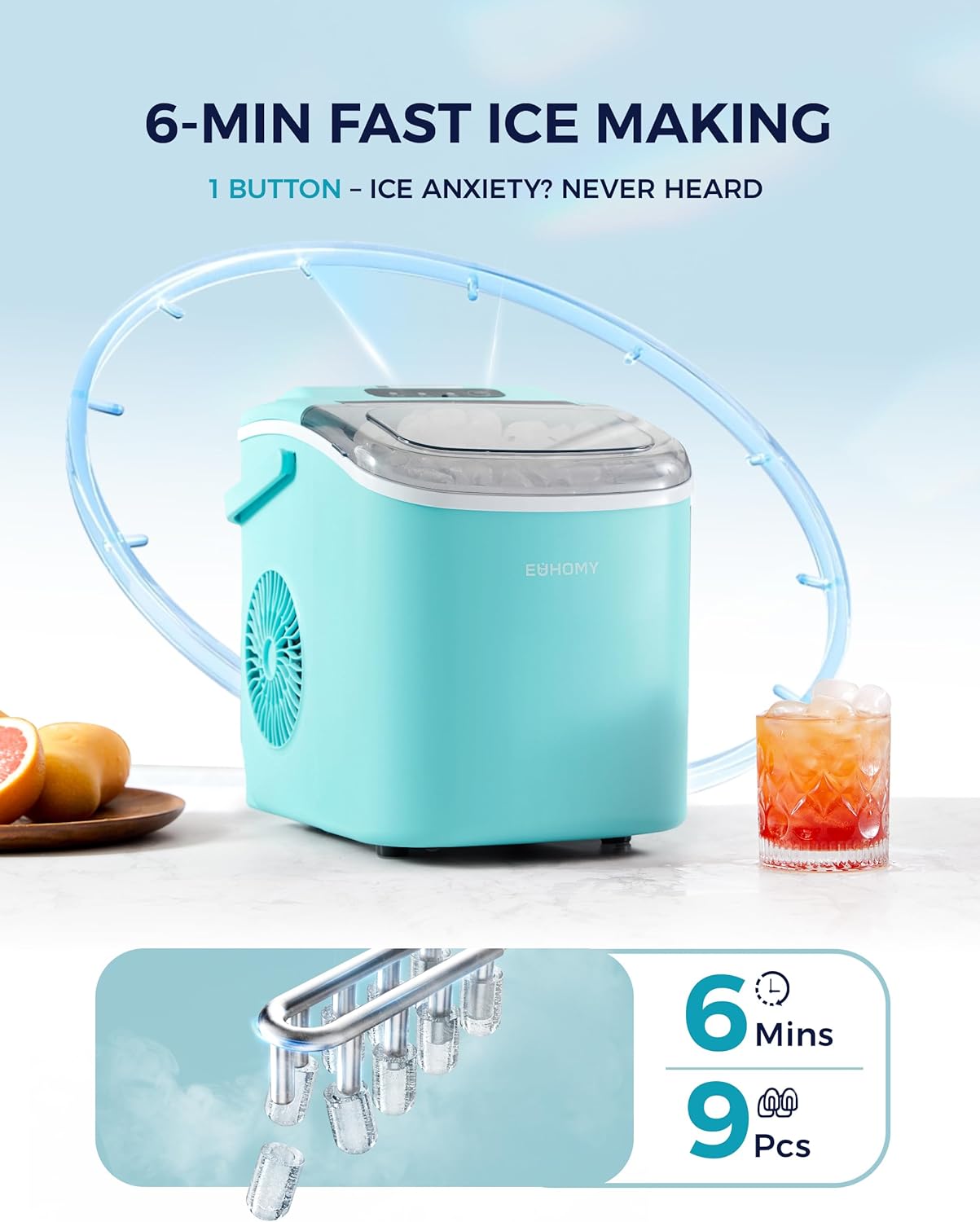 EUHOMY Countertop Ice Maker Machine with Handle, 26lbs Per Day, 9 Ice Cubes Ready in 6 Mins, Auto-Cleaning Portable Ice Maker with Basket and Scoop, for Home/Kitchen/Camping/RV (Green)