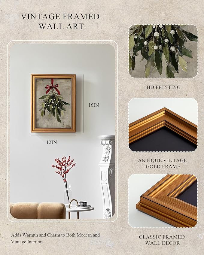 InSimSea Gold Framed Christmas Wall Art, Vintage Canvas Prints Decor, Mistletoe Paintings Wall Shelf Decor, Farmhouse Pictures for Winter Bedroom Holiday Decoration Gifts, 12x16inch