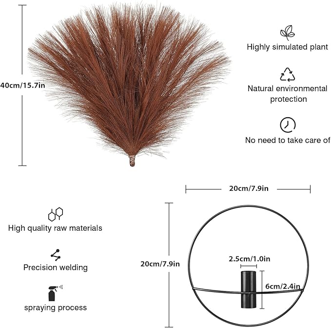 Pretty Jolly Boho Wall Decor - Mounted Metal Hanging Artificial Pampas Display for Living Room, Bedroom, Bathroom, Dining Room - Plant Art 2 Pack